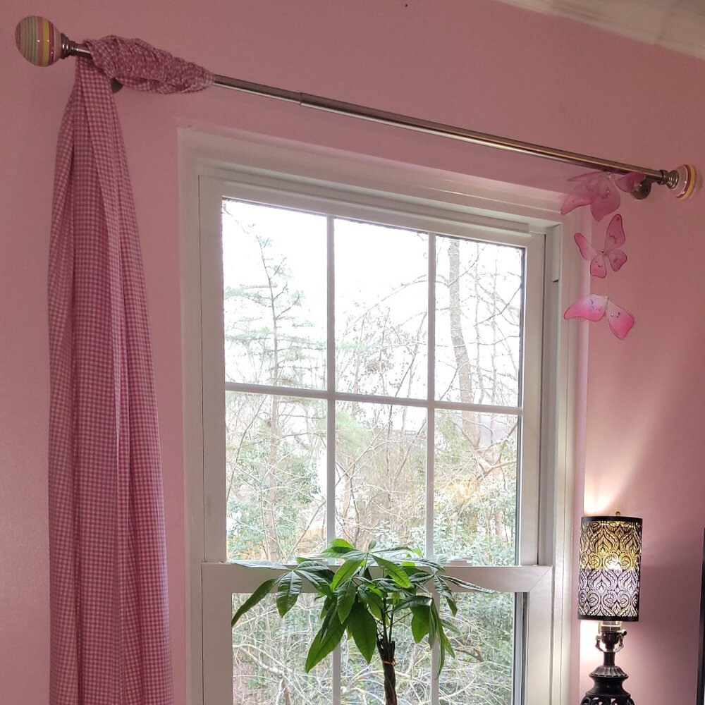 Pink Gingham Checked Curtains (2 panels) and 2 Striped Curtain Rod Ends